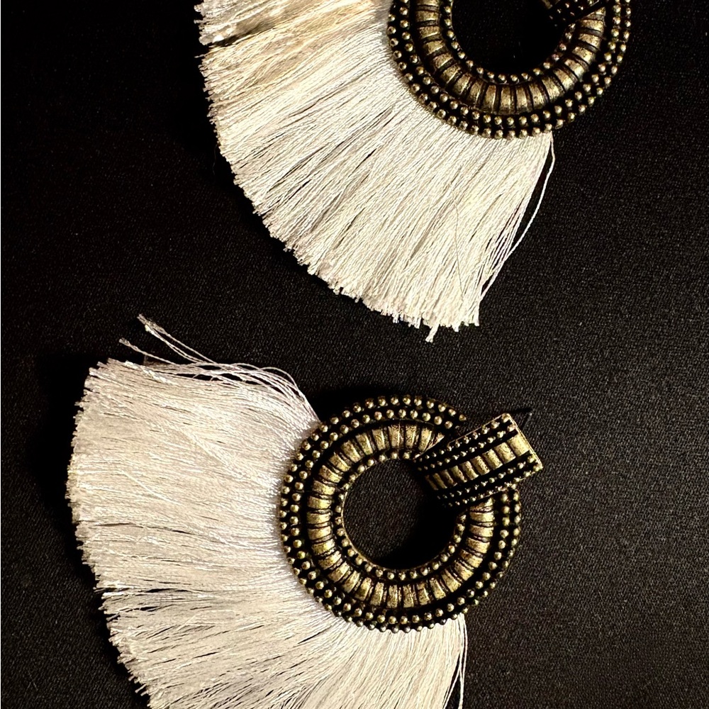 White Fringe Hoop Earrings